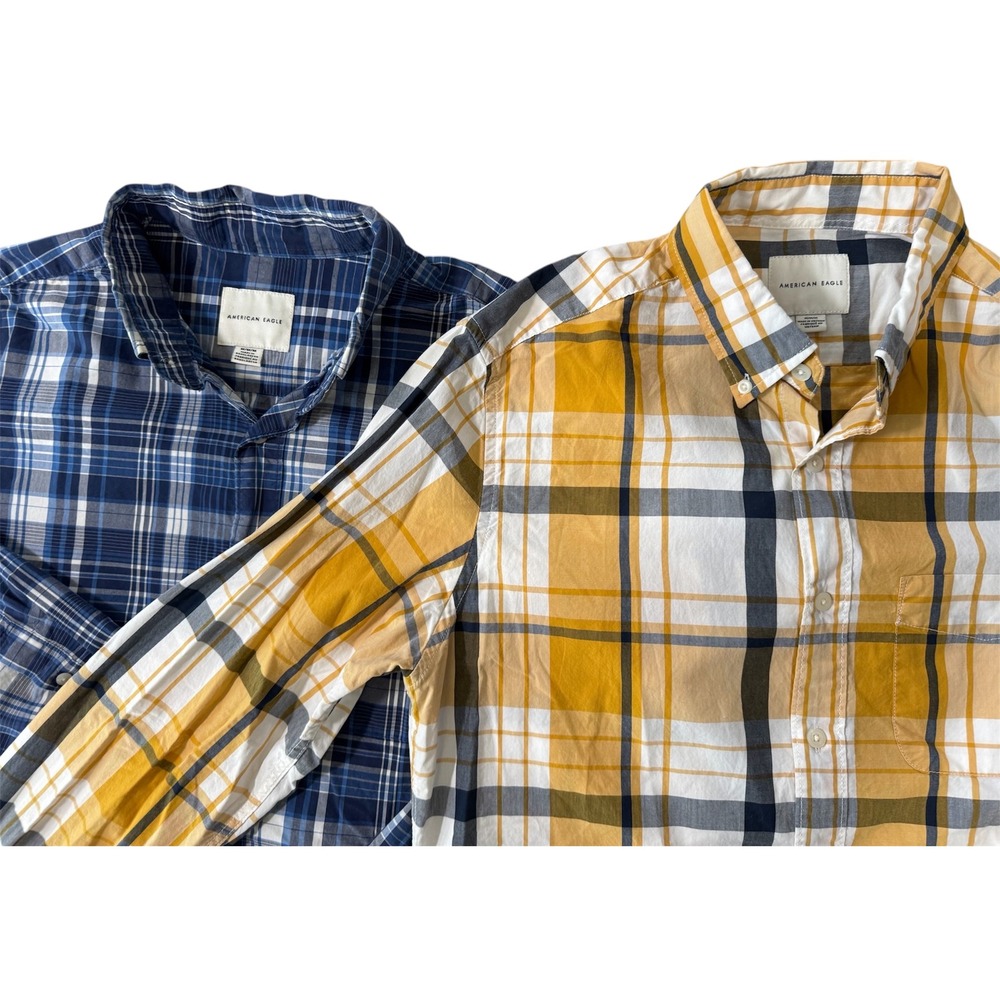 2 American Eagle Outfitters Mens Plaid Button Down Shirt Long Sleeve Casual Sz M
